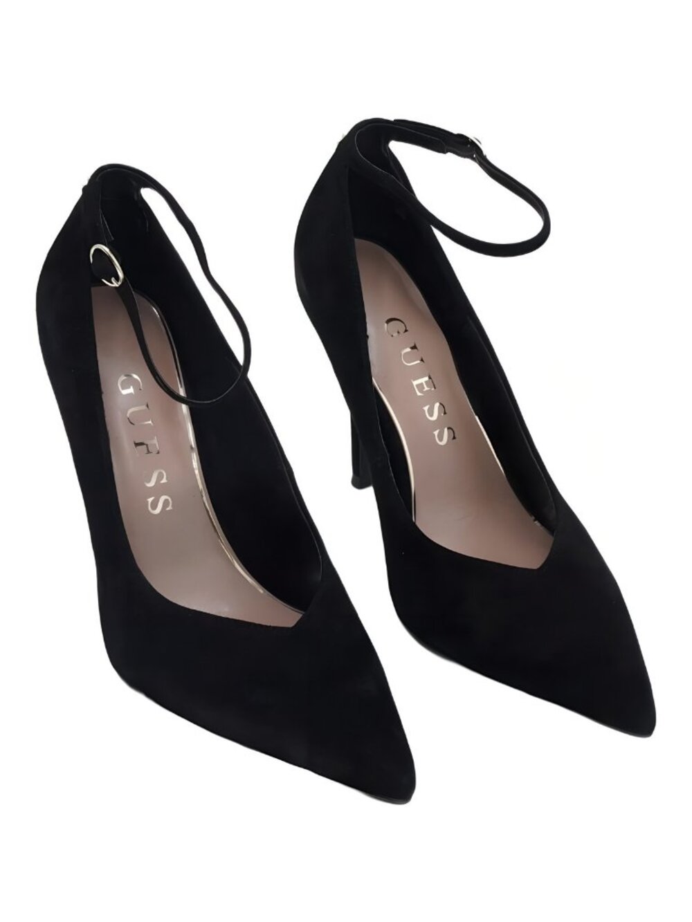 GUESS Napril Ankle Strap Pointed Toe Pump Black Stiletto Heel US 8.5M
